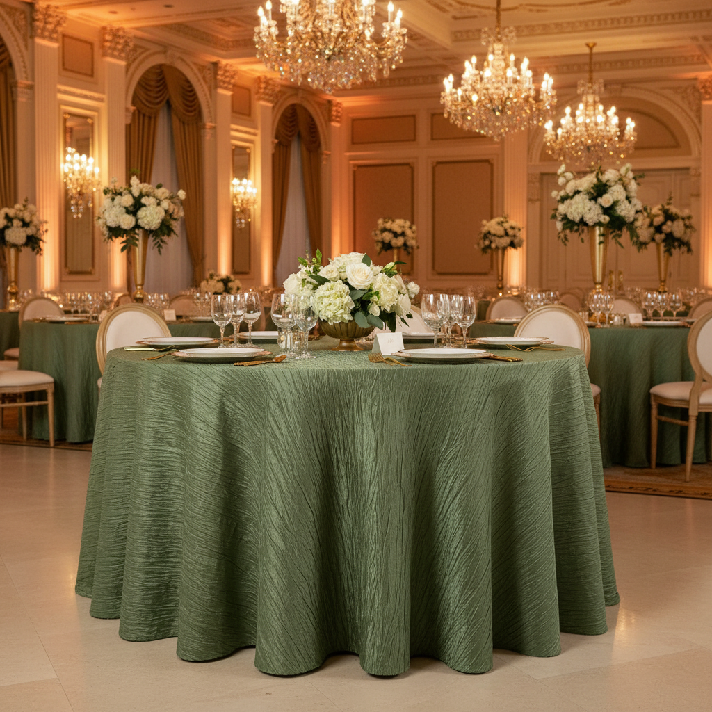 Accordion Crinkle Taffeta 132" Round Tablecloth - Willow Green in Ballroom Reception with Oval Chairs.
