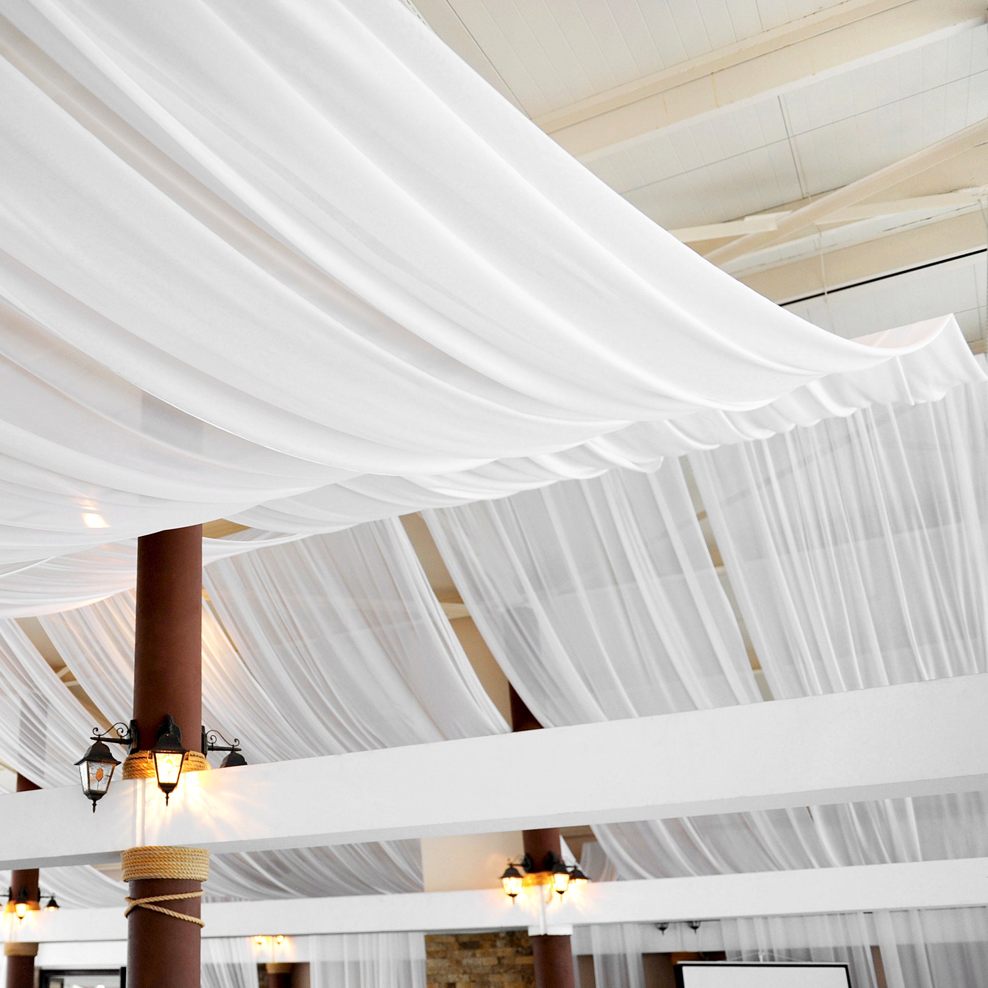 20ft Ceiling/Curtain Draping Sheer Voile Flame Retardant (FR)  - White - CV Linens