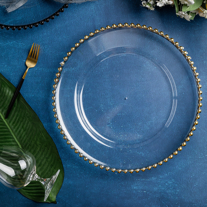 Acrylic Beaded 13" Round Charger Plate Gold Trim CV Linens