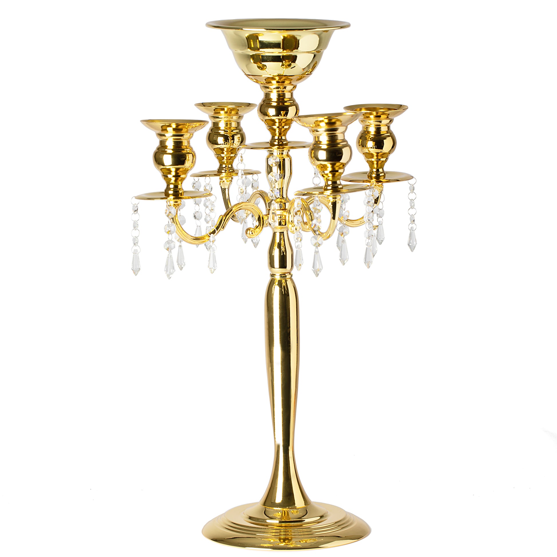 Candelabra Centerpiece with Hanging Crystals - Gold - CV Linens