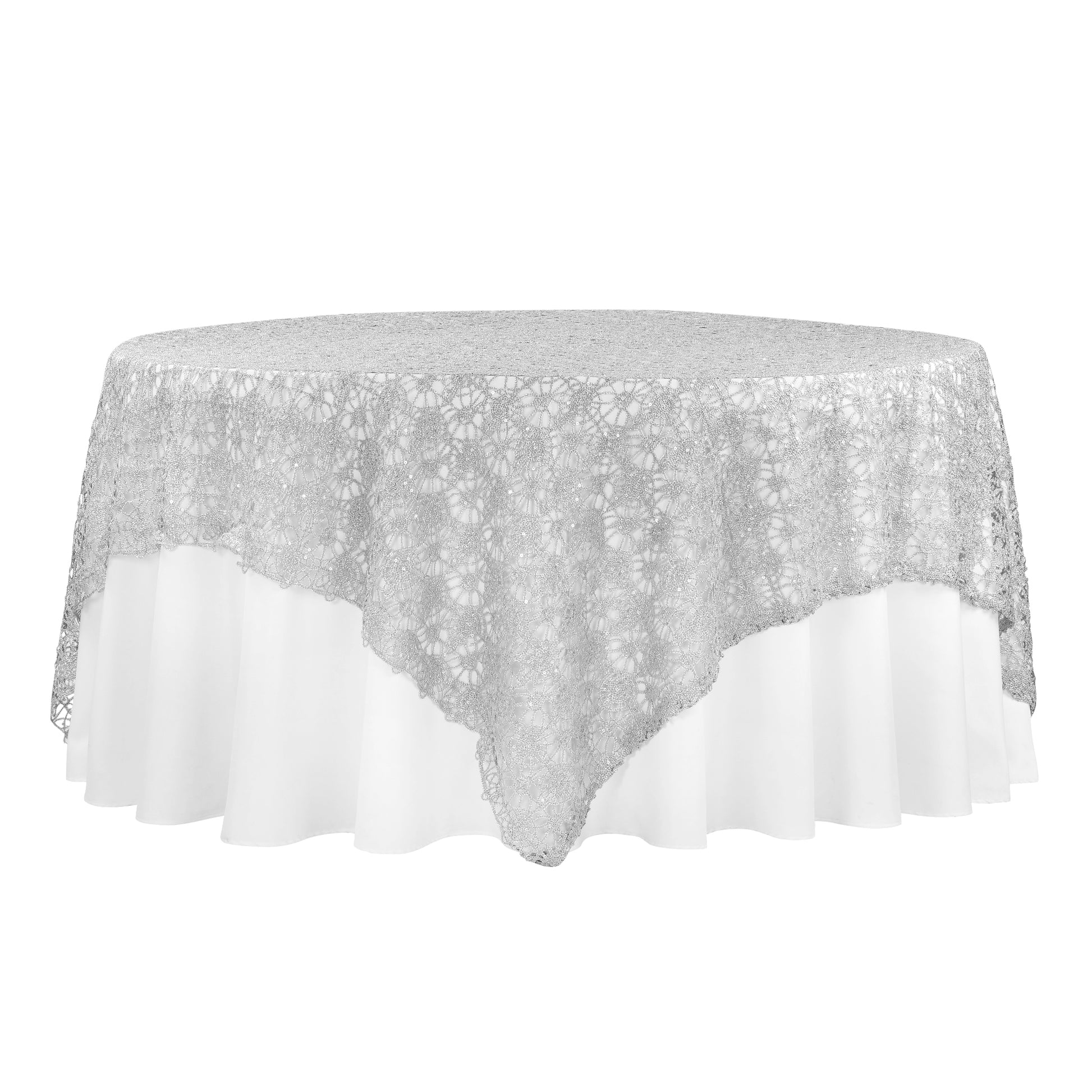 Chemical Lace 90"x90" Square Table Overlay - Silver - CV Linens