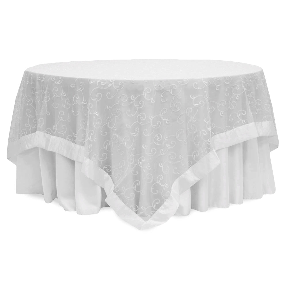Embroidery Swirl Overlay 90"x90" Square Table Topper - White - CV Linens