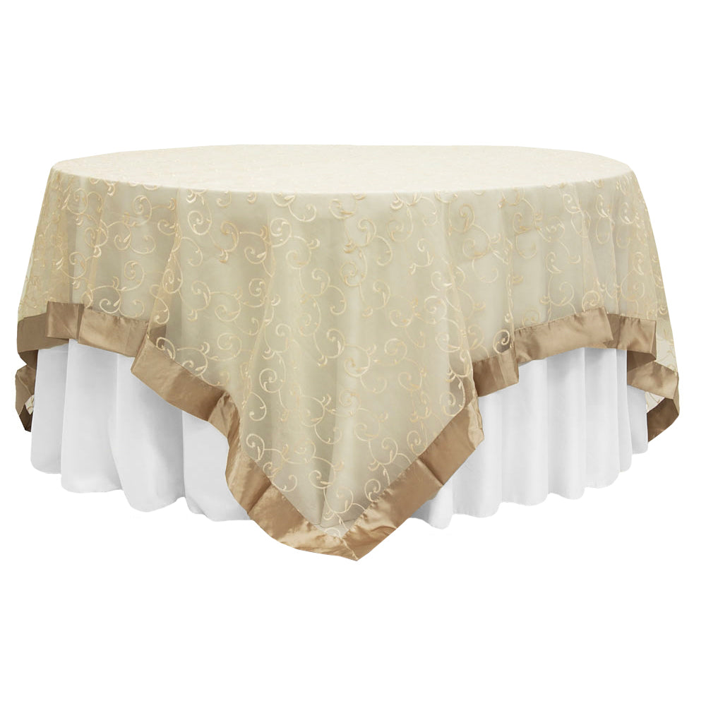Embroidery Swirl Overlay 90"x90" Square Table Topper - Champagne - CV Linens