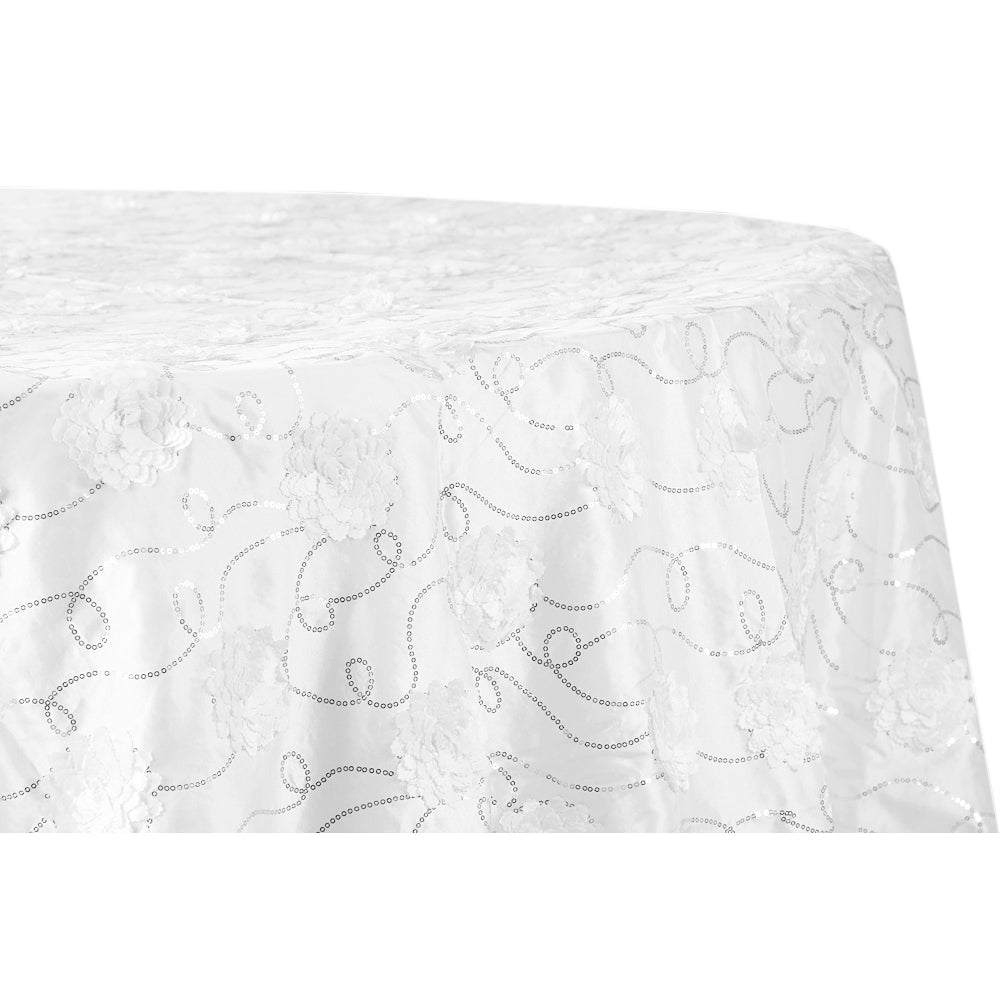 Flower on Sequin Taffeta Tablecloth 132" Round - White - CV Linens