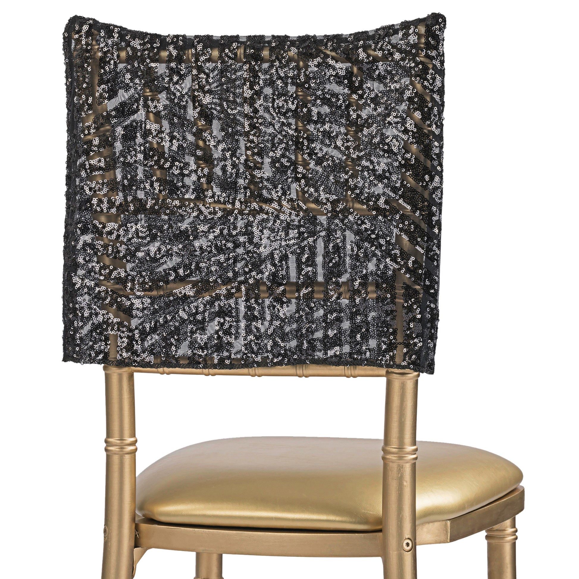 Geometric Glitz Art Deco Sequin Chiavari Chair Cap 16" x 14" - Black - CV Linens