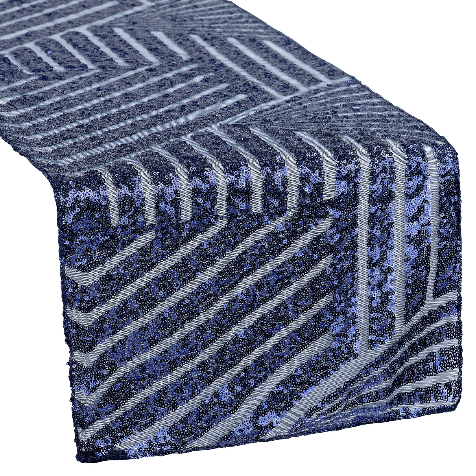 Geometric Glitz Art Deco Sequin Table Runner Navy Blue CV Linens