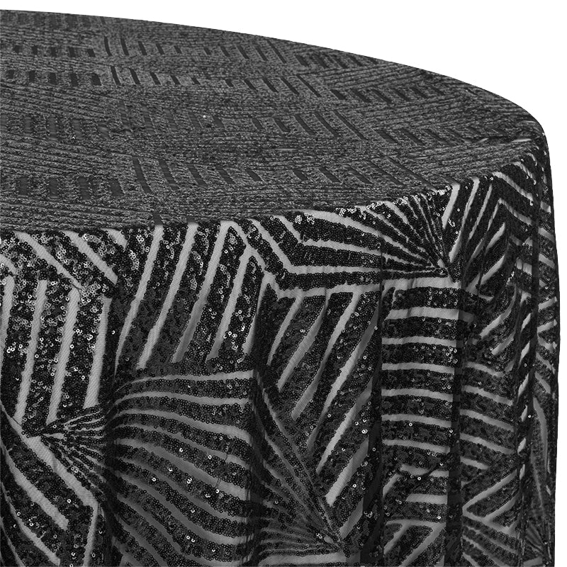 Geometric Glitz Art Deco Sequin Tablecloth 132" Round - Black - CV Linens