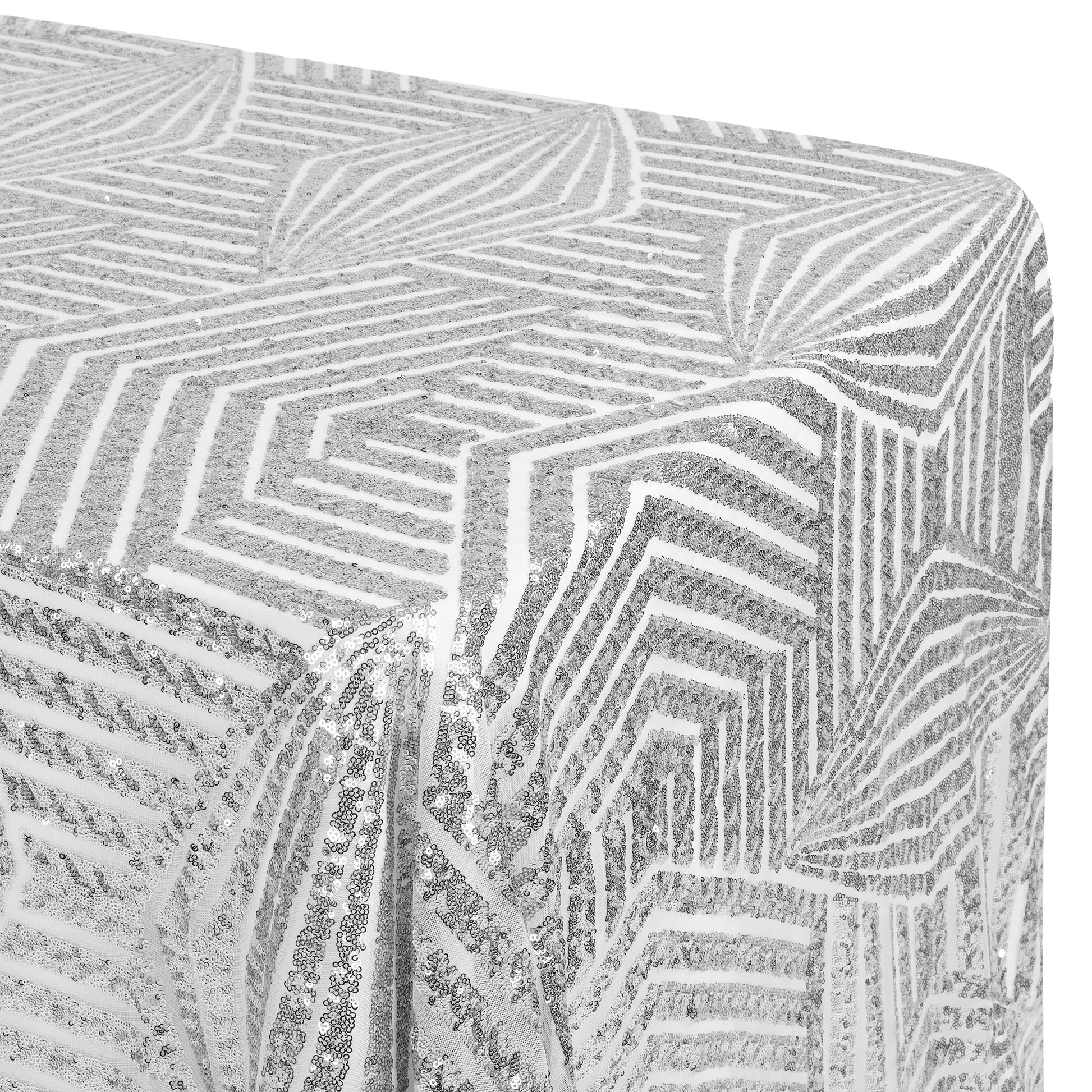 Geometric Glitz Art Deco Sequin Tablecloth 90"x156" Rectangular - Silver - CV Linens