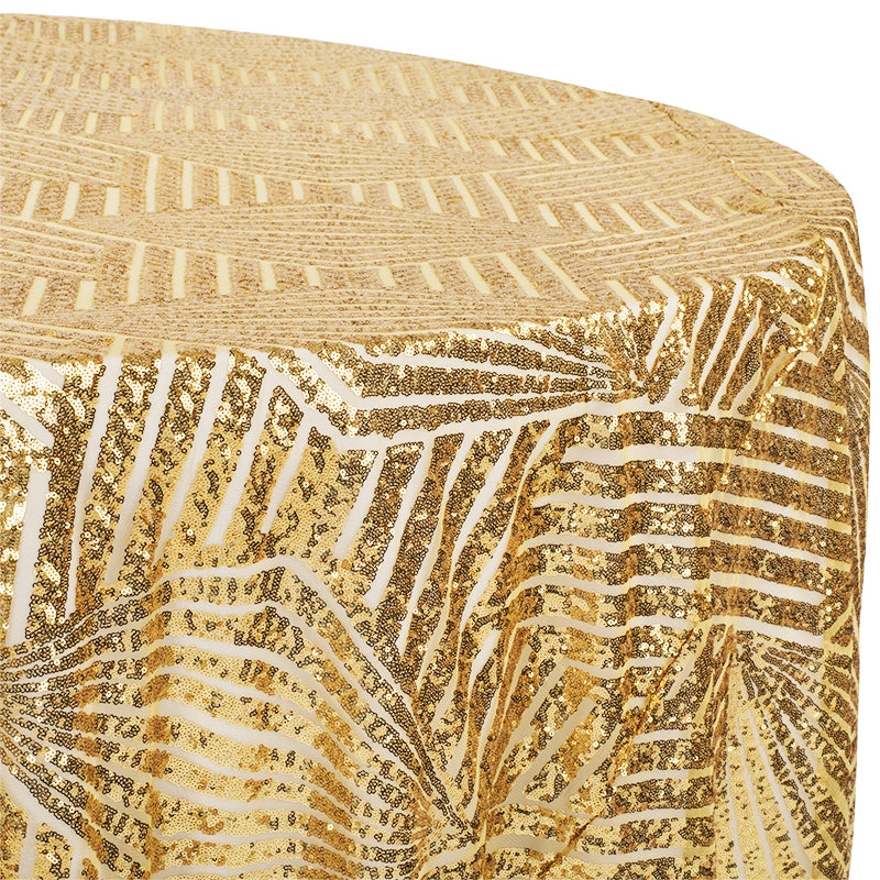 Geometric Glitz Art Deco Sequin Tablecloth 132" Round Gold CV Linens