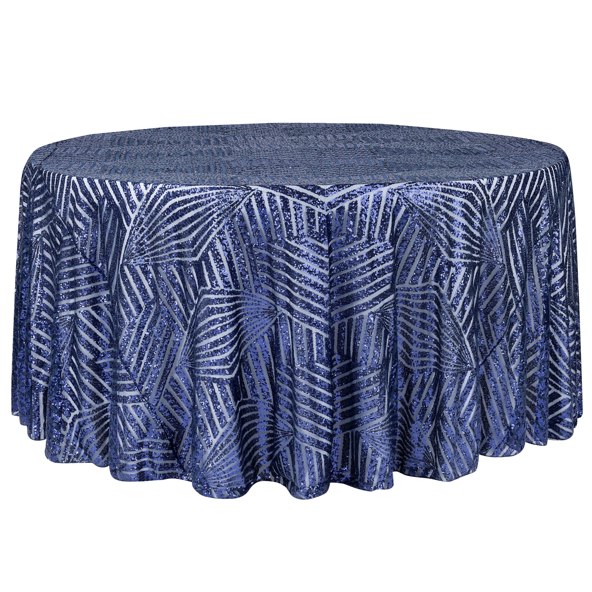 Geometric Glitz Art Deco Sequin Tablecloth 120" Round - Navy Blue - CV Linens