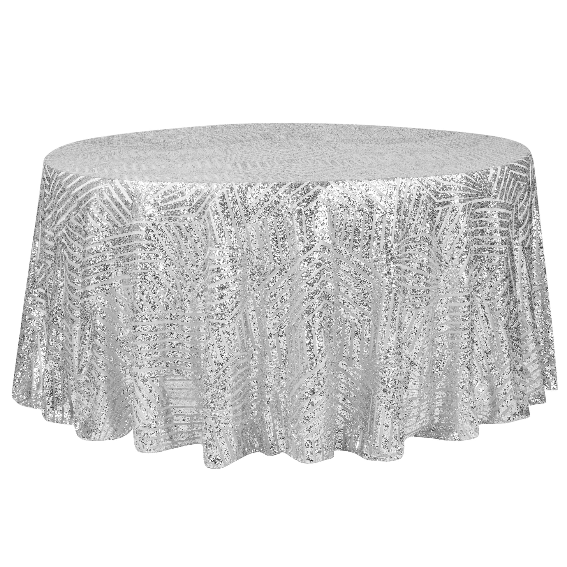 Geometric Glitz Art Deco Sequin Tablecloth 120" Round - Silver - CV Linens