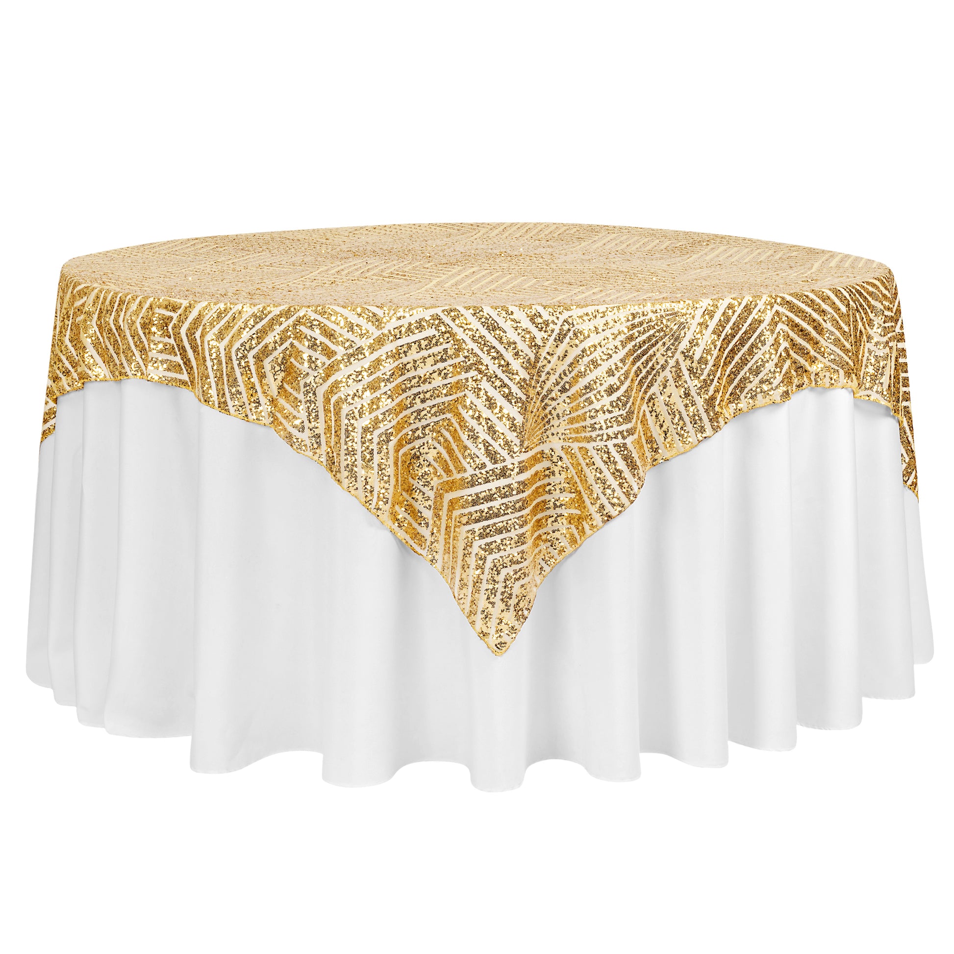 Geometric Glitz Art Deco Sequin Table Overlay Topper 72"x72" Square - Gold - CV Linens