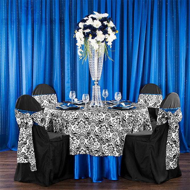 Glitz Sequin Spandex Chair Band - Royal Blue with damask chair tie | black chair cover |