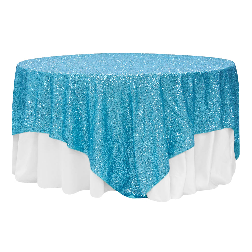 Glitz Sequin Table Overlay Topper 90"x90" Square - Aqua Blue - CV Linens