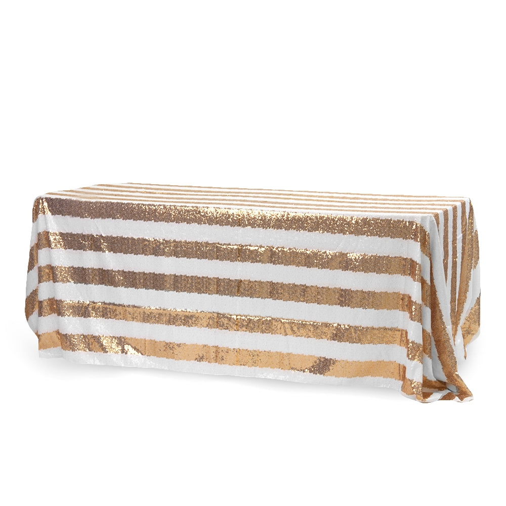 Stripe Glitz Sequin Rectangular Tablecloth 90"x132" - Gold & White - CV Linens