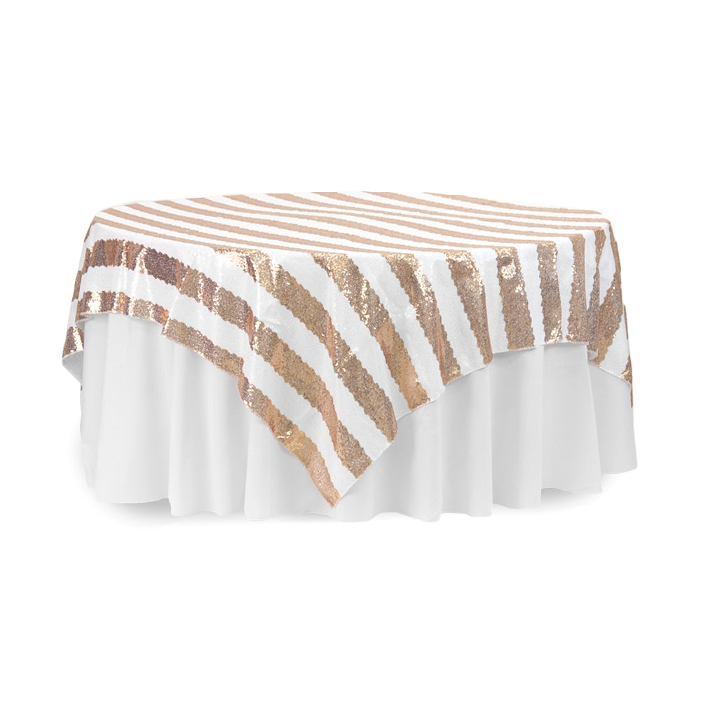 Stripe Glitz Sequin Table Overlay Topper 85"x85" - Gold & White - CV Linens