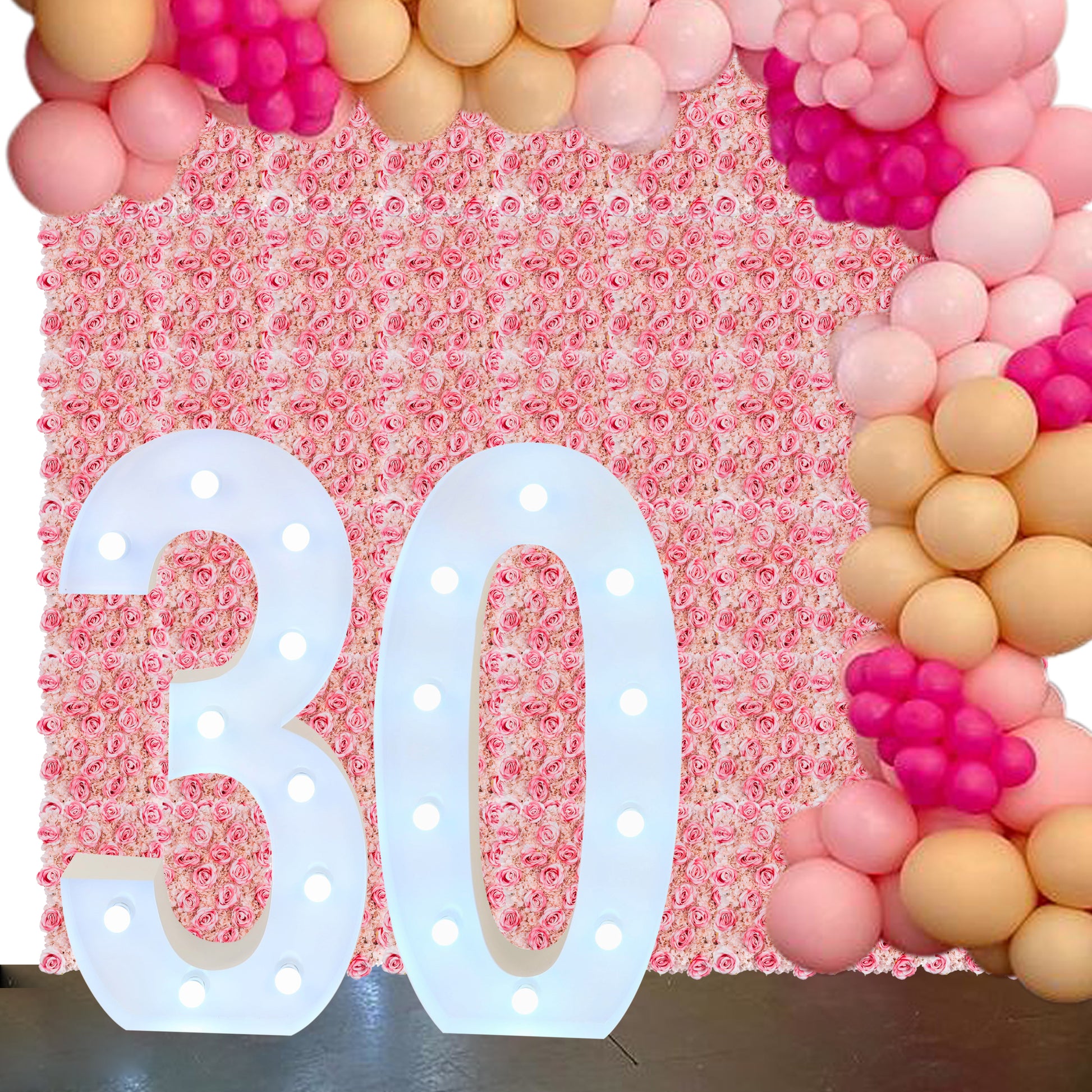 Large 4ft Tall LED Marquee Number - 0 with number 3 marquee letter infront of blush and white silk hydrangeas backdrop 