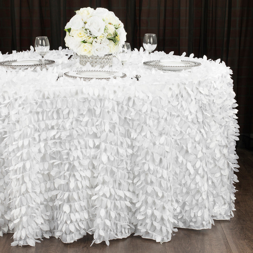 Leaf Petal Taffeta 132" Round Tablecloth - White | charger plate | wine goblet | 