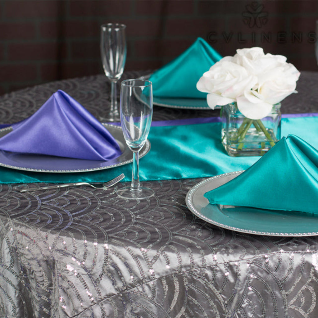 Mermaid Scale Sequin 132" Round Tablecloth - Silver | charger plate | napkin | wine goblet |