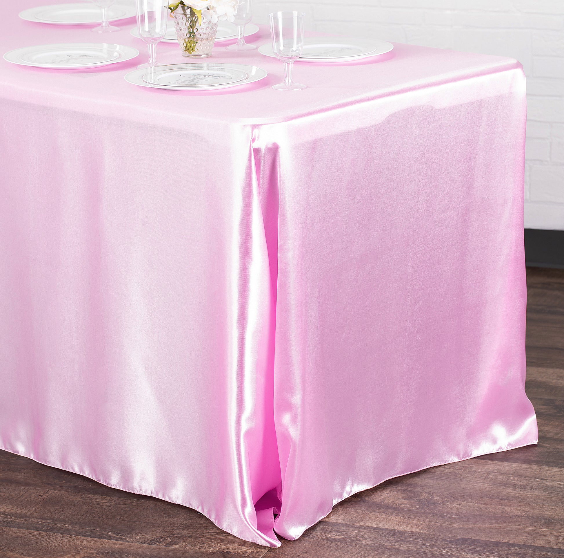 Satin Rectangular 90"x132" Tablecloth - Medium Pink | dinner plate | wine goblet |