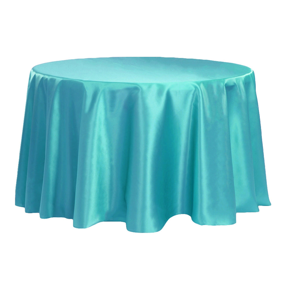 Satin 132 inch Round Tablecloth Dark Turquoise at CV Linens