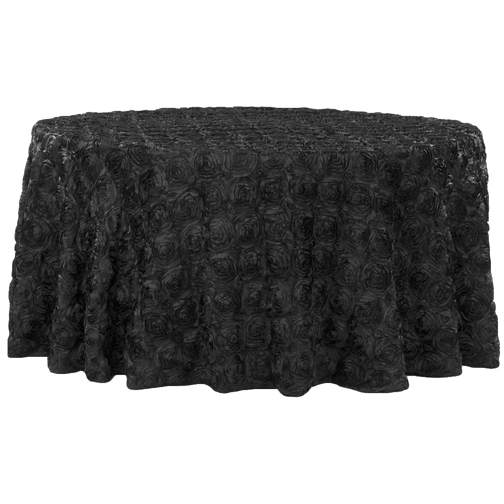Wedding Rosette SATIN 120" Round Tablecloth - Black - CV Linens