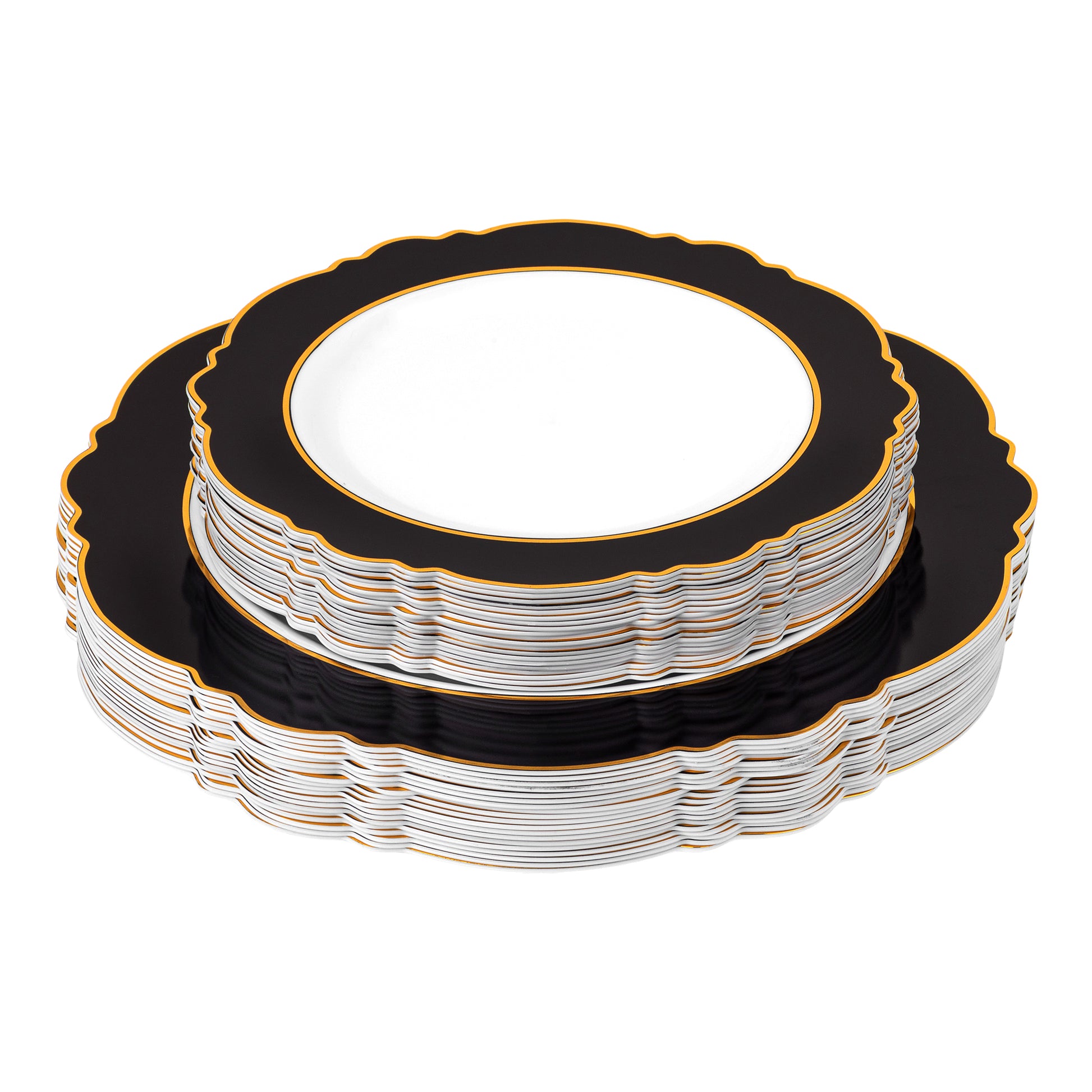 Scallop Disposable Plastic Plates 40 pcs Combo Pack - Black & Gold-Trimmed