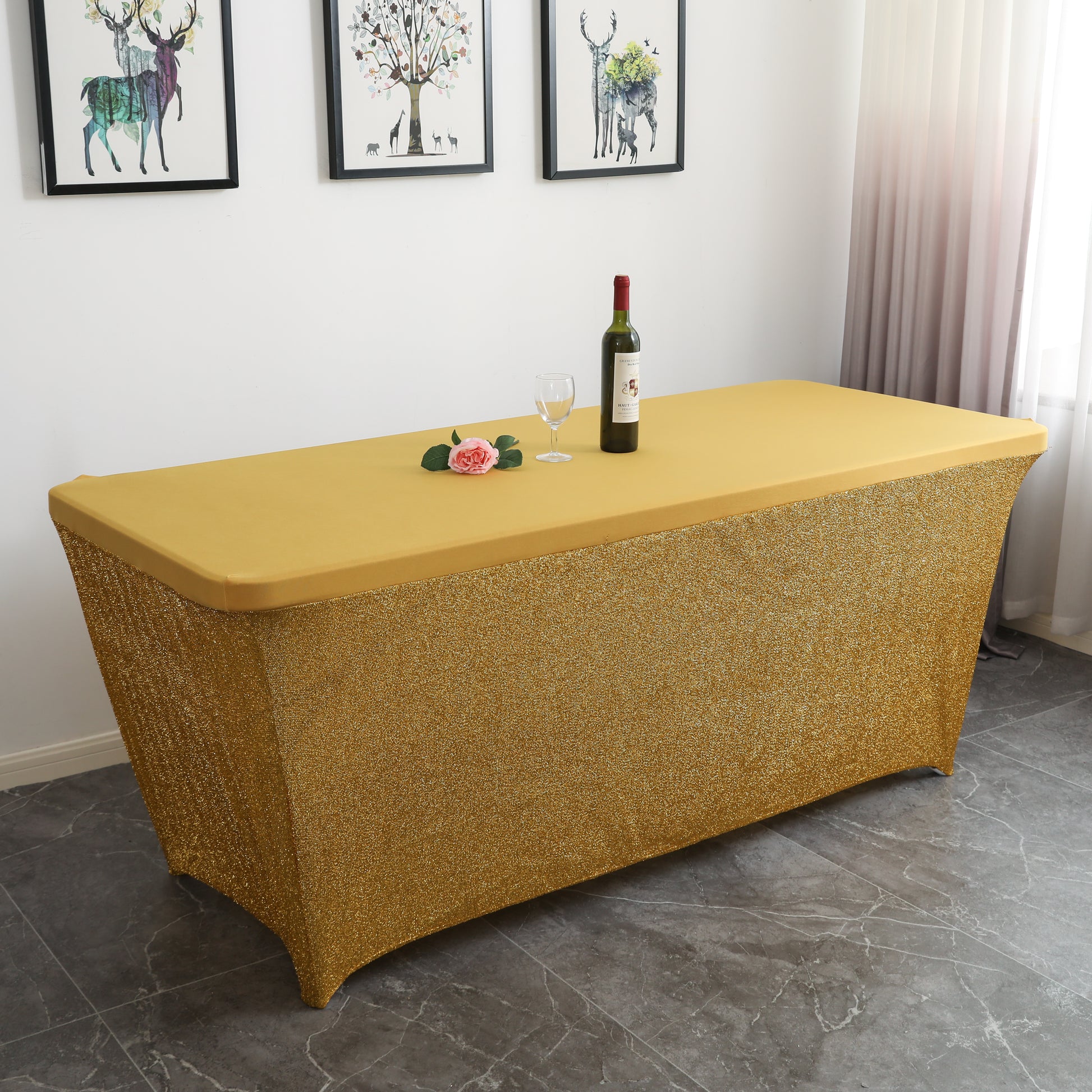 Shimmer Tinsel Stretch Fitted Table Cover 6ft Rectangular - Gold