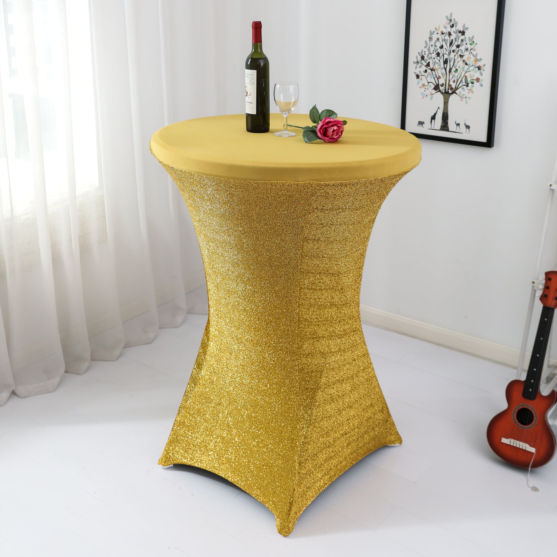 Shimmer Tinsel Spandex Cocktail Table Cover 30"-32" Round - Gold