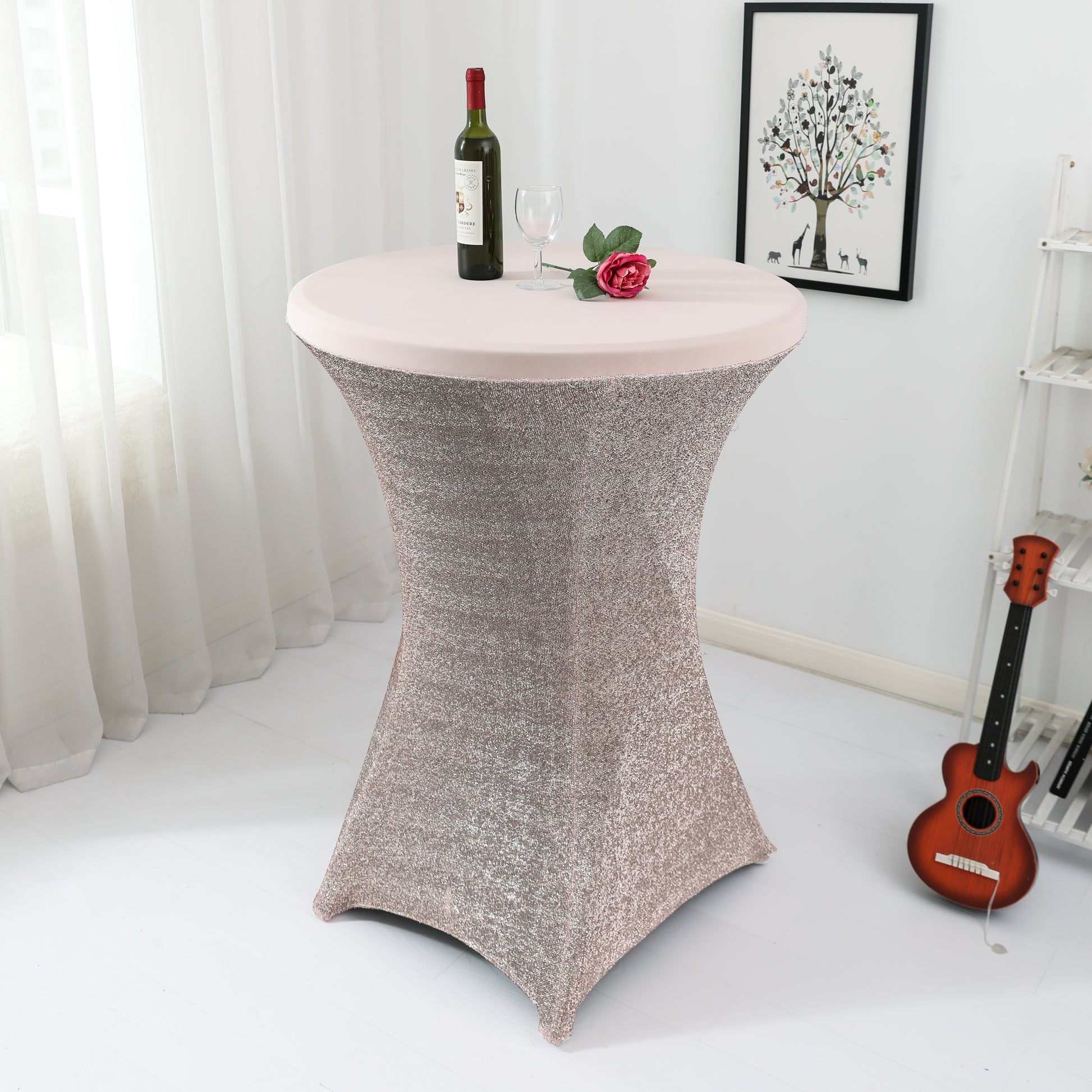Shimmer Tinsel Spandex Cocktail Table Cover 30"-32" Round - Blush/Rose Gold