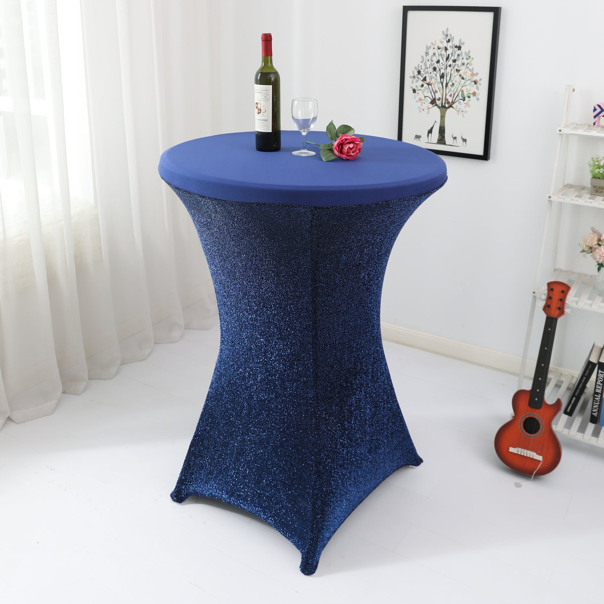 Shimmer Tinsel Spandex Cocktail Table Cover 30"-32" Round - Navy Blue