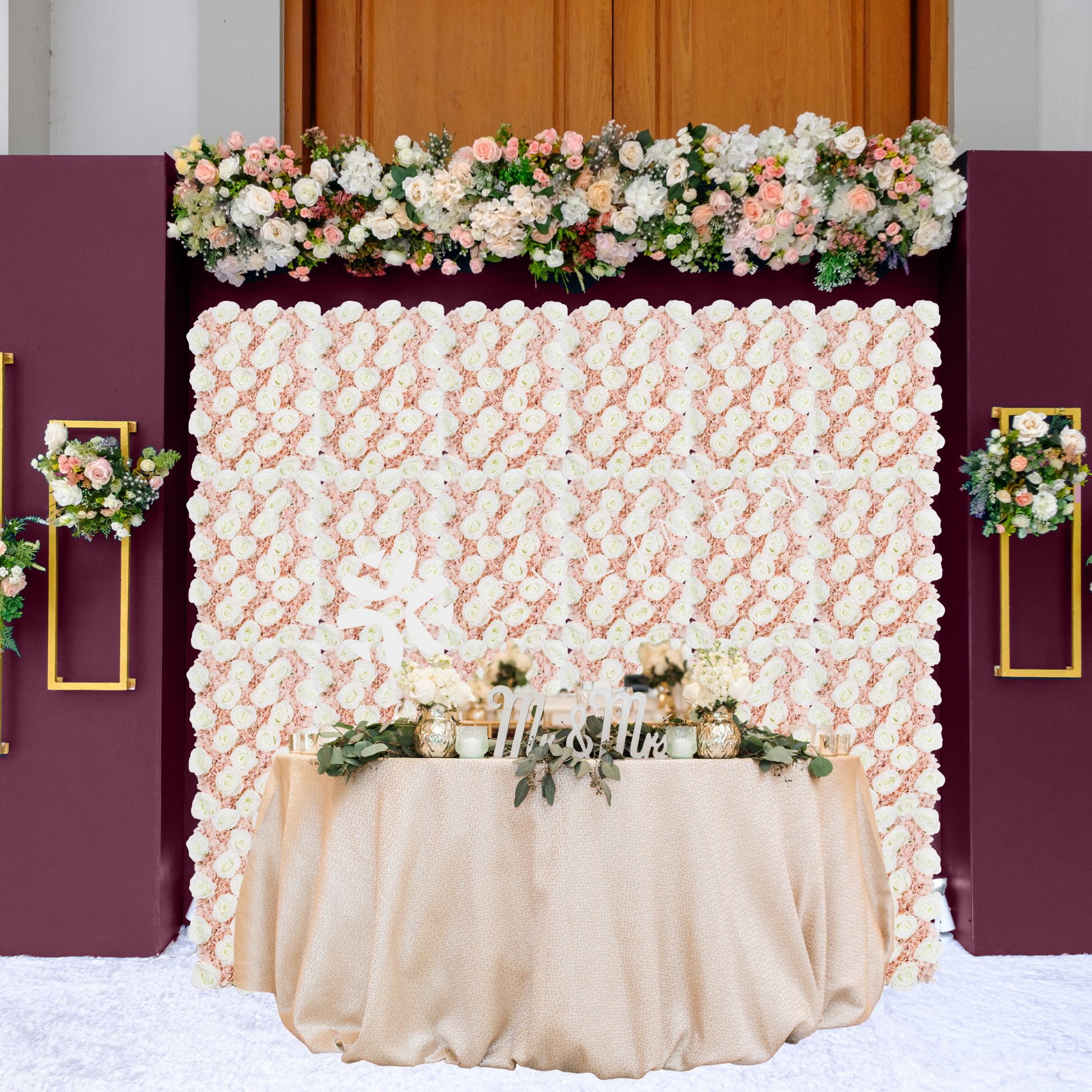 wedding set up using Silk Roses/Hydrangeas Flower Wall Backdrop Panel - Cream
