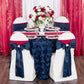 Spandex Chair Band - Red - CV Linens with navy blue lamour sash on top of white spandex chair cover for 4th of July celebration