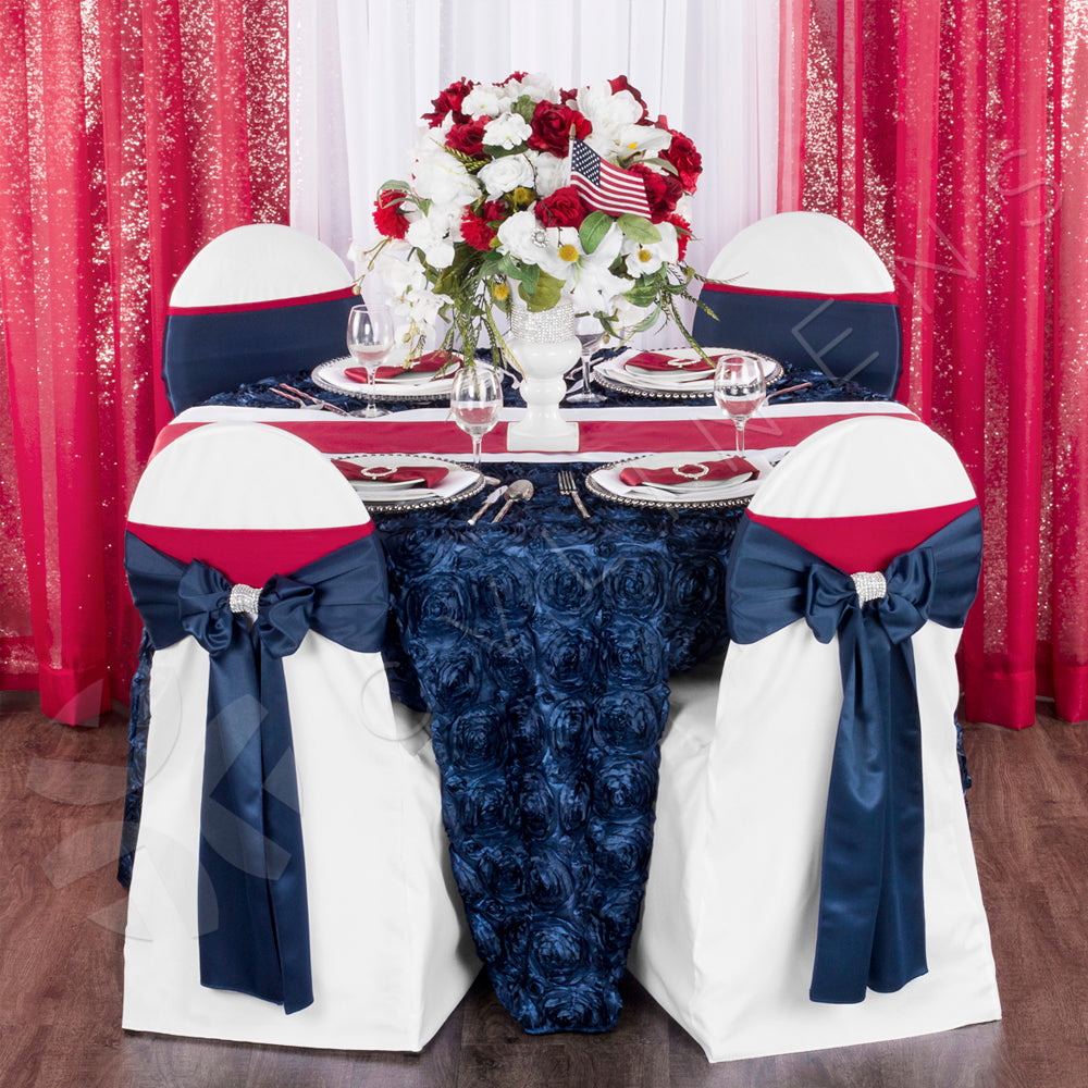 Spandex Chair Band - Red - CV Linens with navy blue lamour sash on top of white spandex chair cover for 4th of July celebration