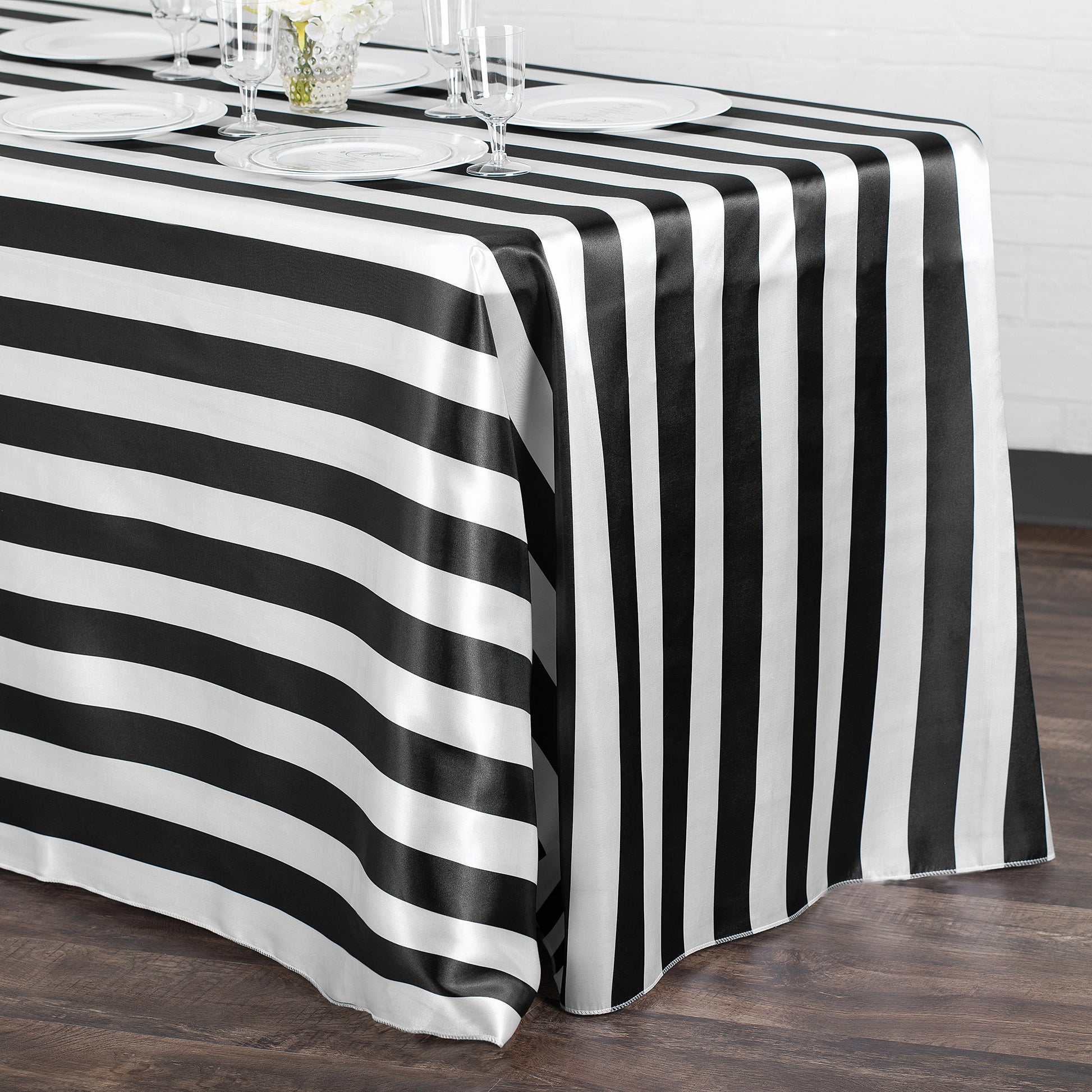 Stripe Satin Rectangular Tablecloth 90"x156" - Black & White | charger plate | wine goblets |