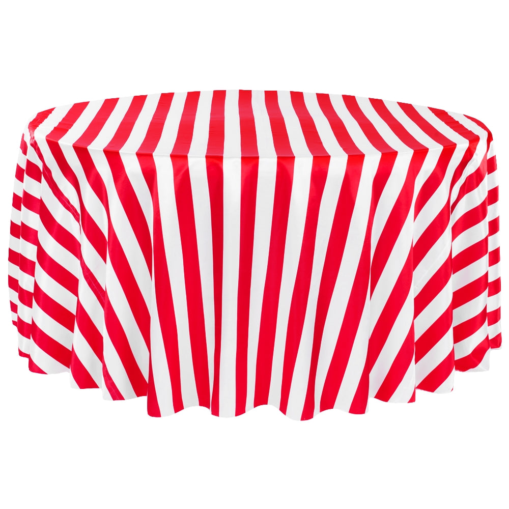 Stripe 120" Satin Round Tablecloth - Red & White - CV Linens