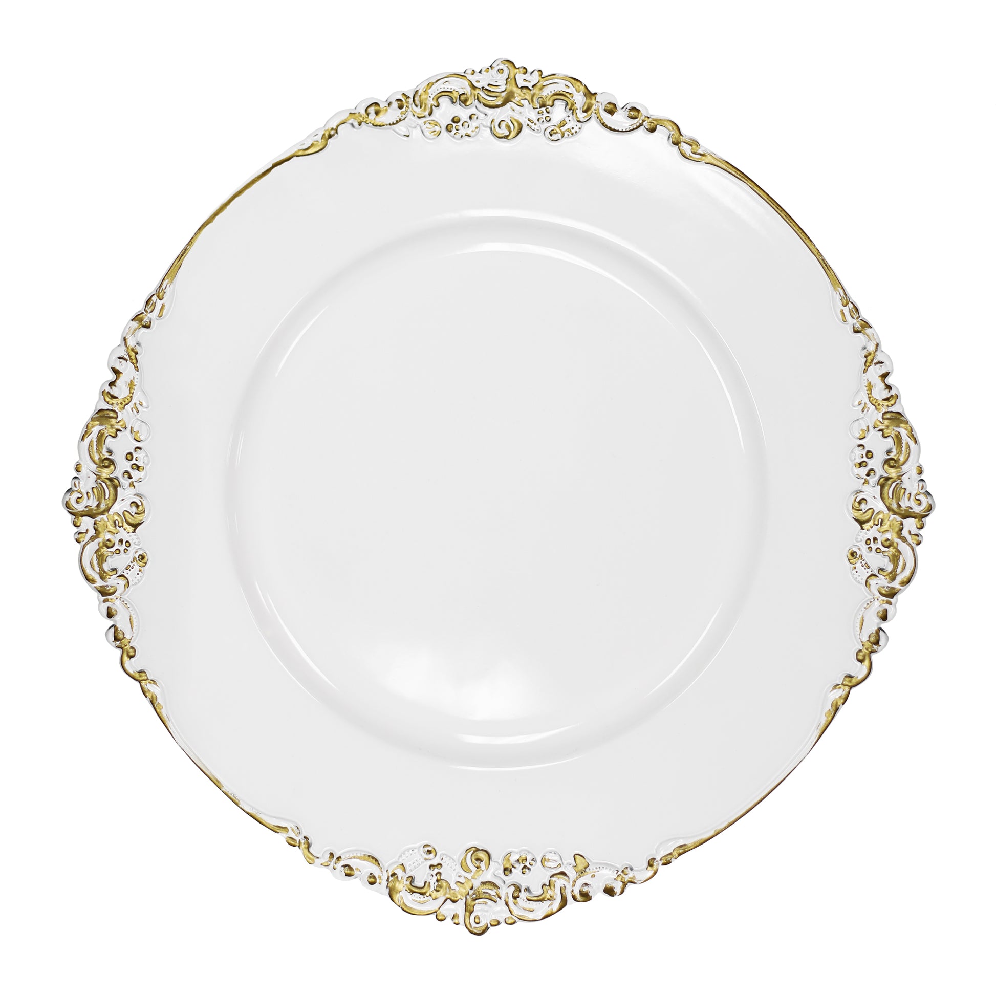 Vintage Round Charger Plate - White Gold-Trimmed - CV Linens