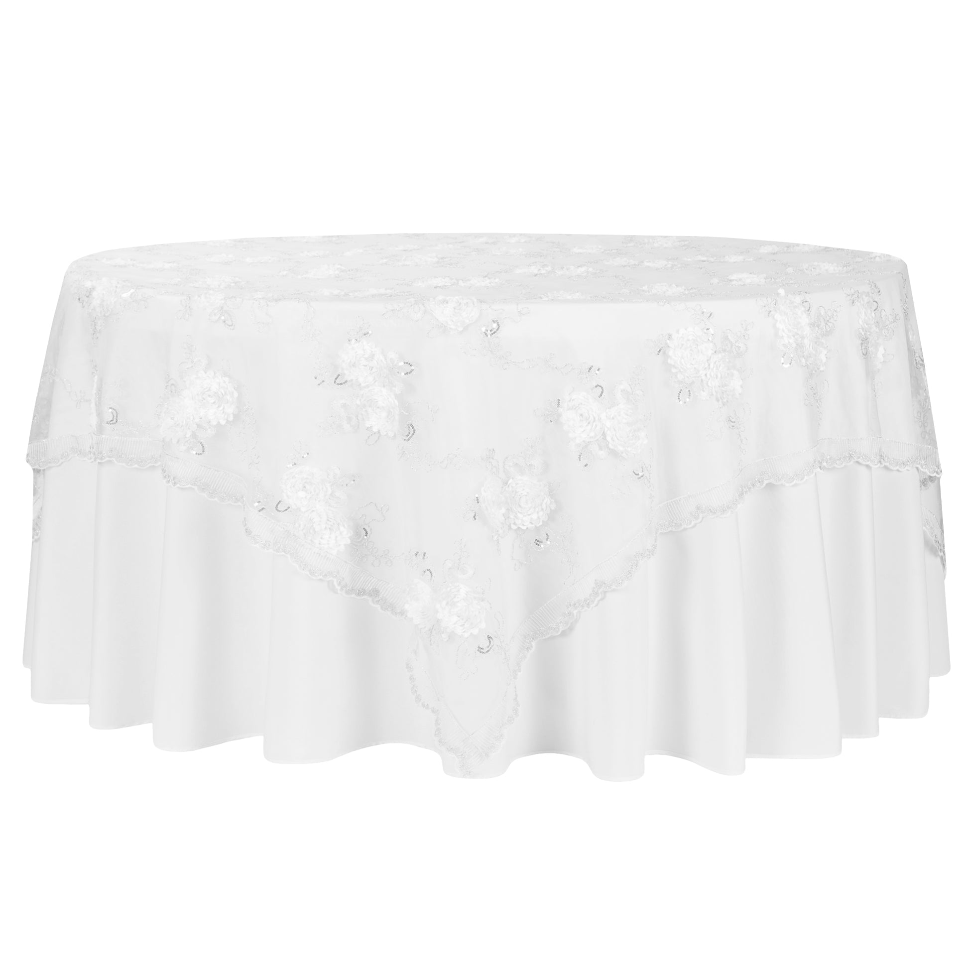 Vintage Veil Embroidery 90"x90" Square Table Overlay Topper - White - CV Linens