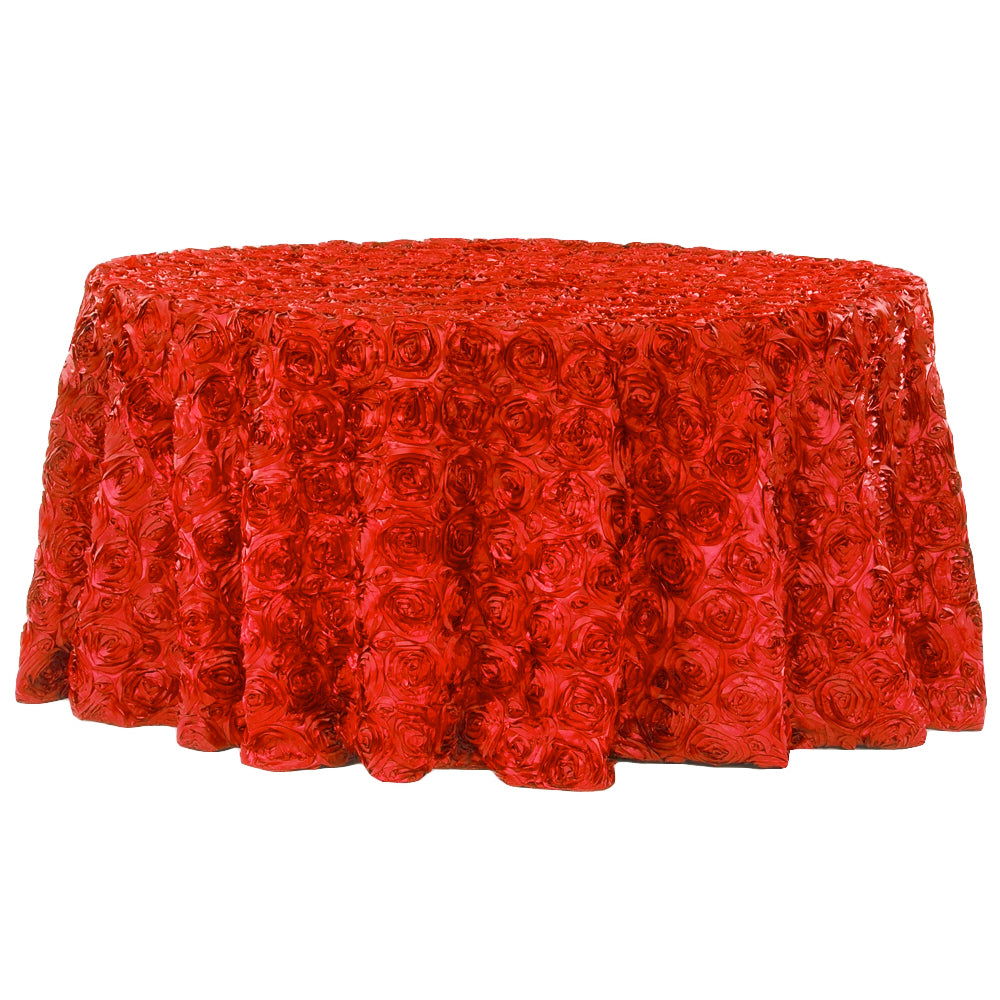 Wedding Rosette SATIN 120" Round Tablecloth - Red - CV Linens