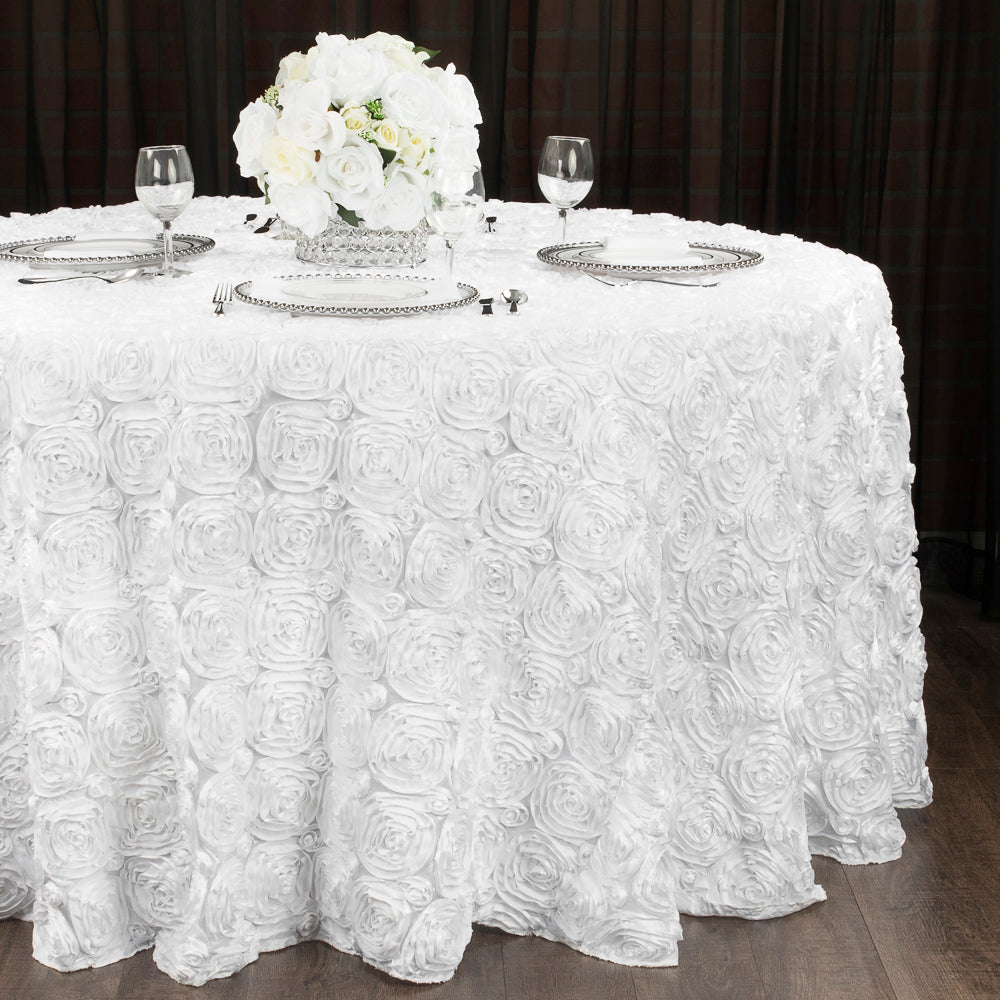 Wedding Rosette SATIN 132" Round Tablecloth - White 