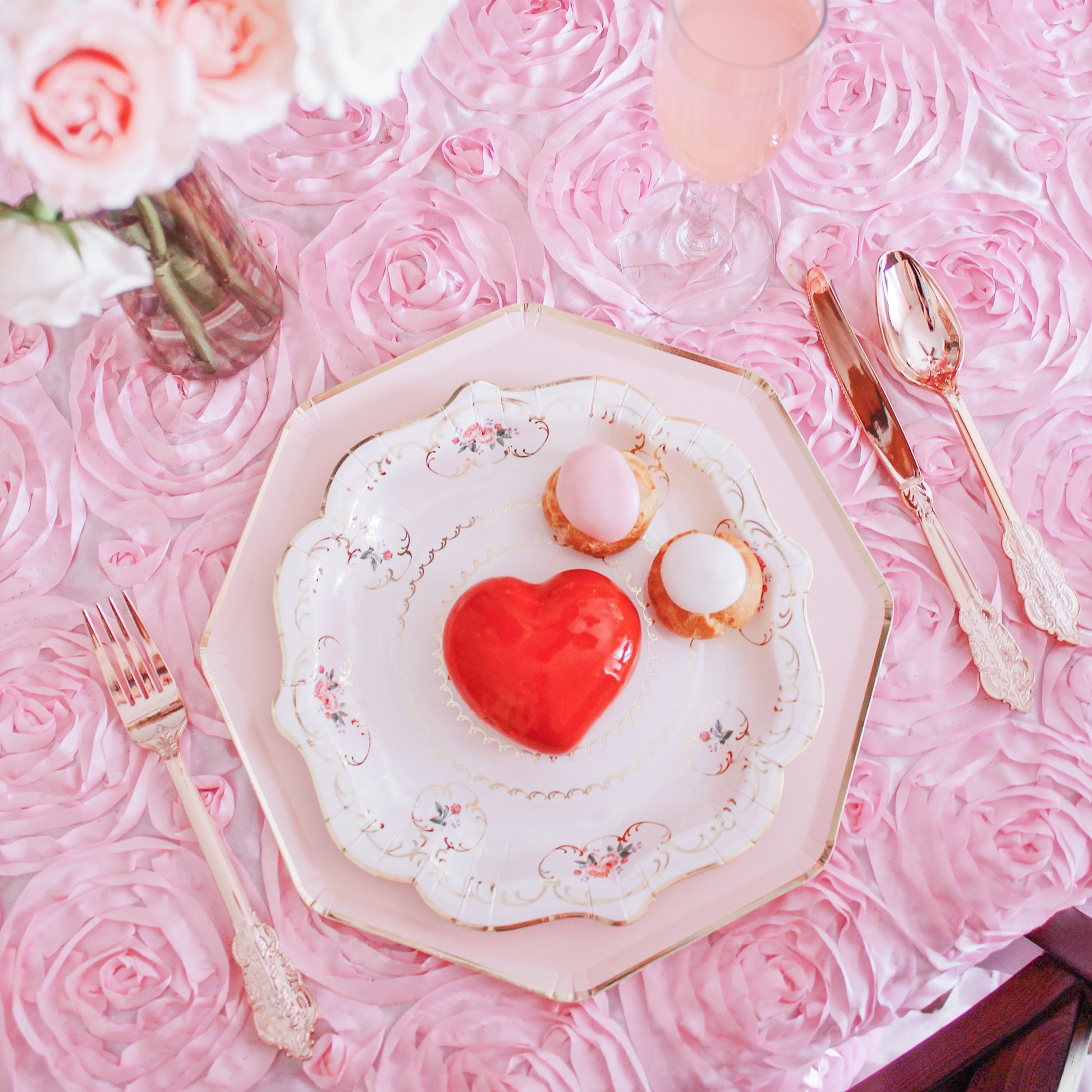 Wedding Rosette Satin 90"x156" rectangular Tablecloth - Medium Pink - CV Linens