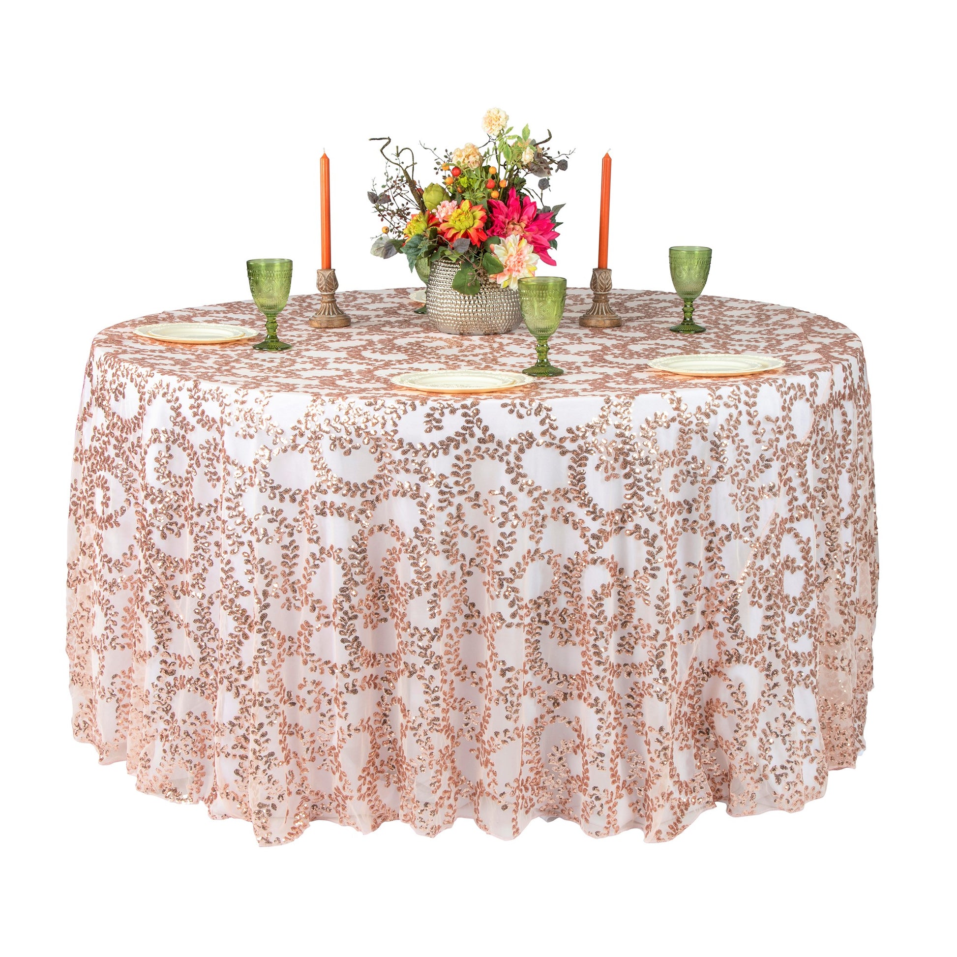Sequin Vine Tablecloth Overlays 120" Round - Blush/Rose Gold
