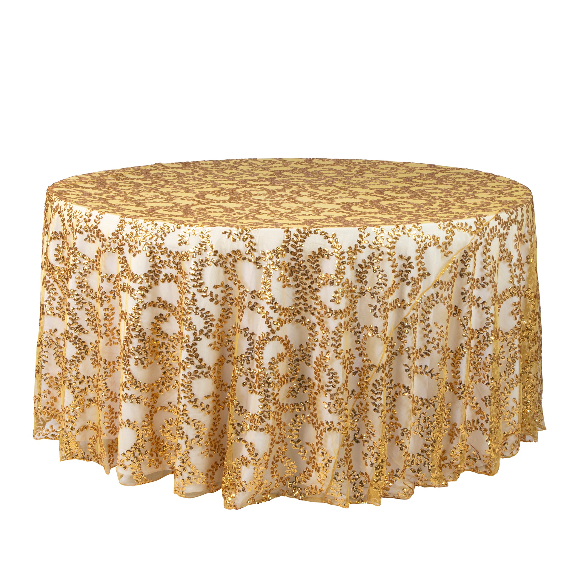 Sequin Vine Tablecloth Overlay 120" Round - Gold CV Linens Sequin Vine Tablecloth Overlay 120" Round - Gold CV Linens
