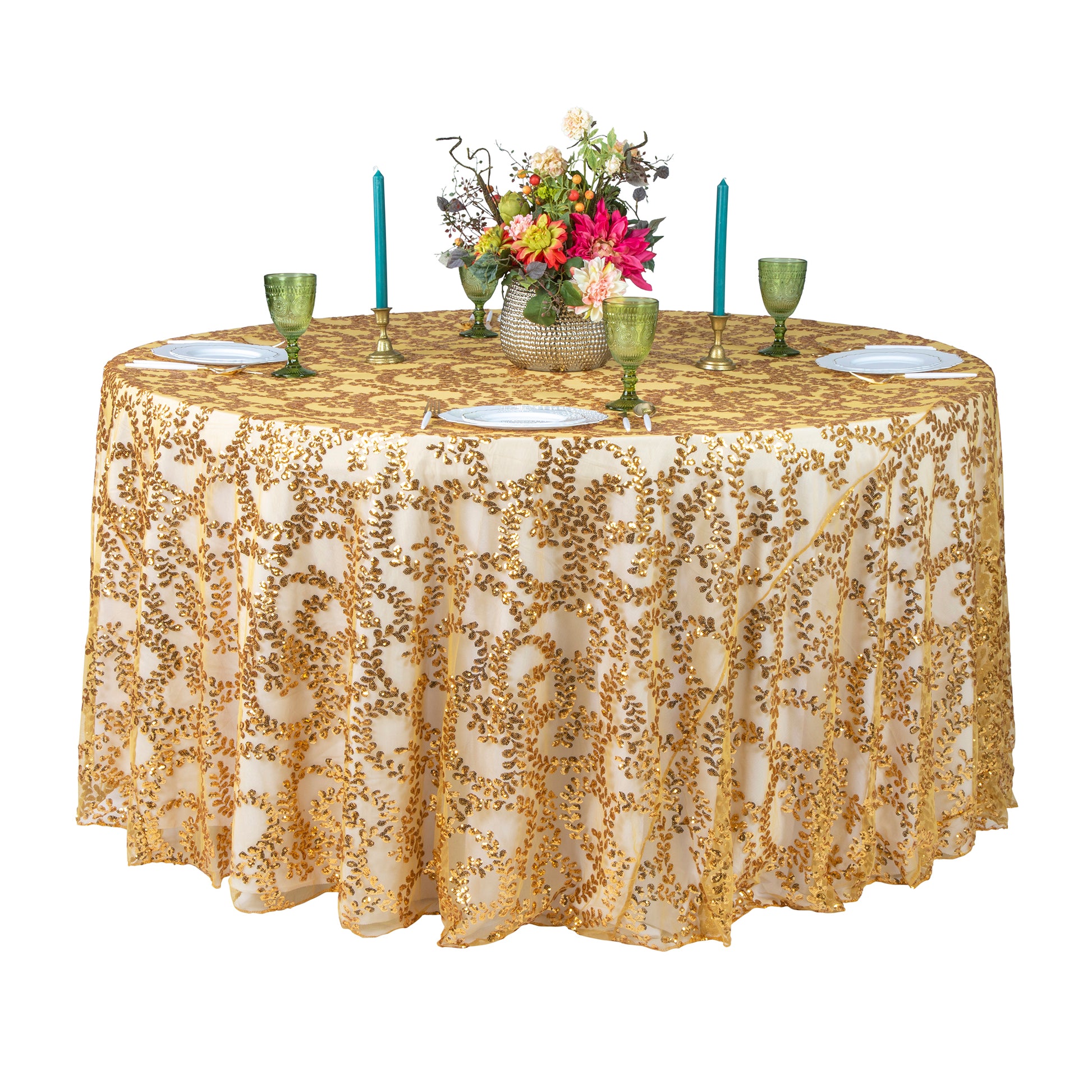 Sequin Vine Tablecloth Overlay 120" Round - Gold