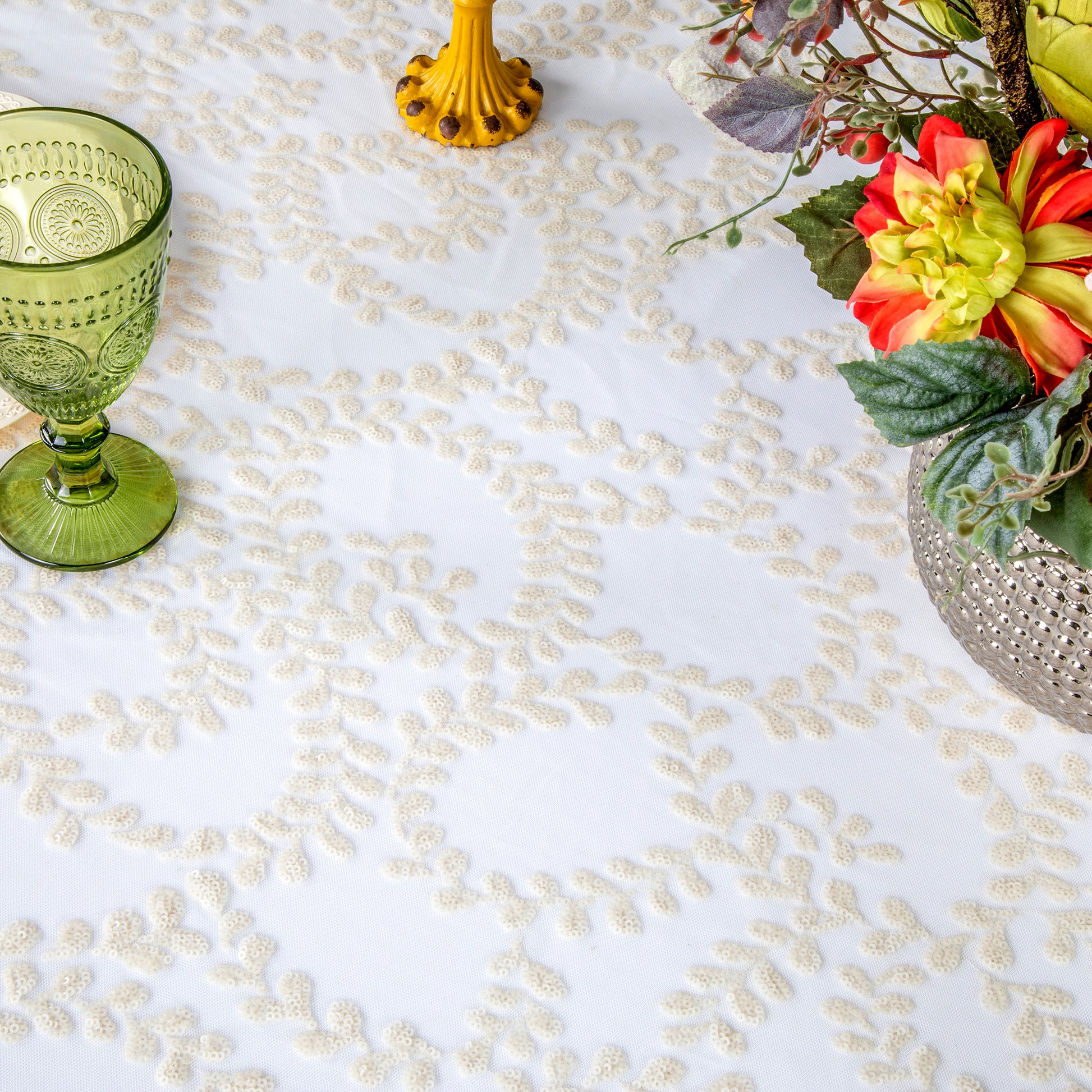 Sequin Vine Tablecloth Overlay 90"x132" Rectangle - Light Ivory/Off White