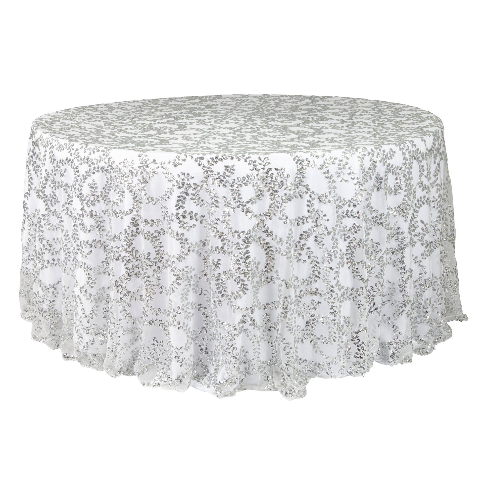 Sequin Vine Tablecloth Overlay 120" Round - Silver