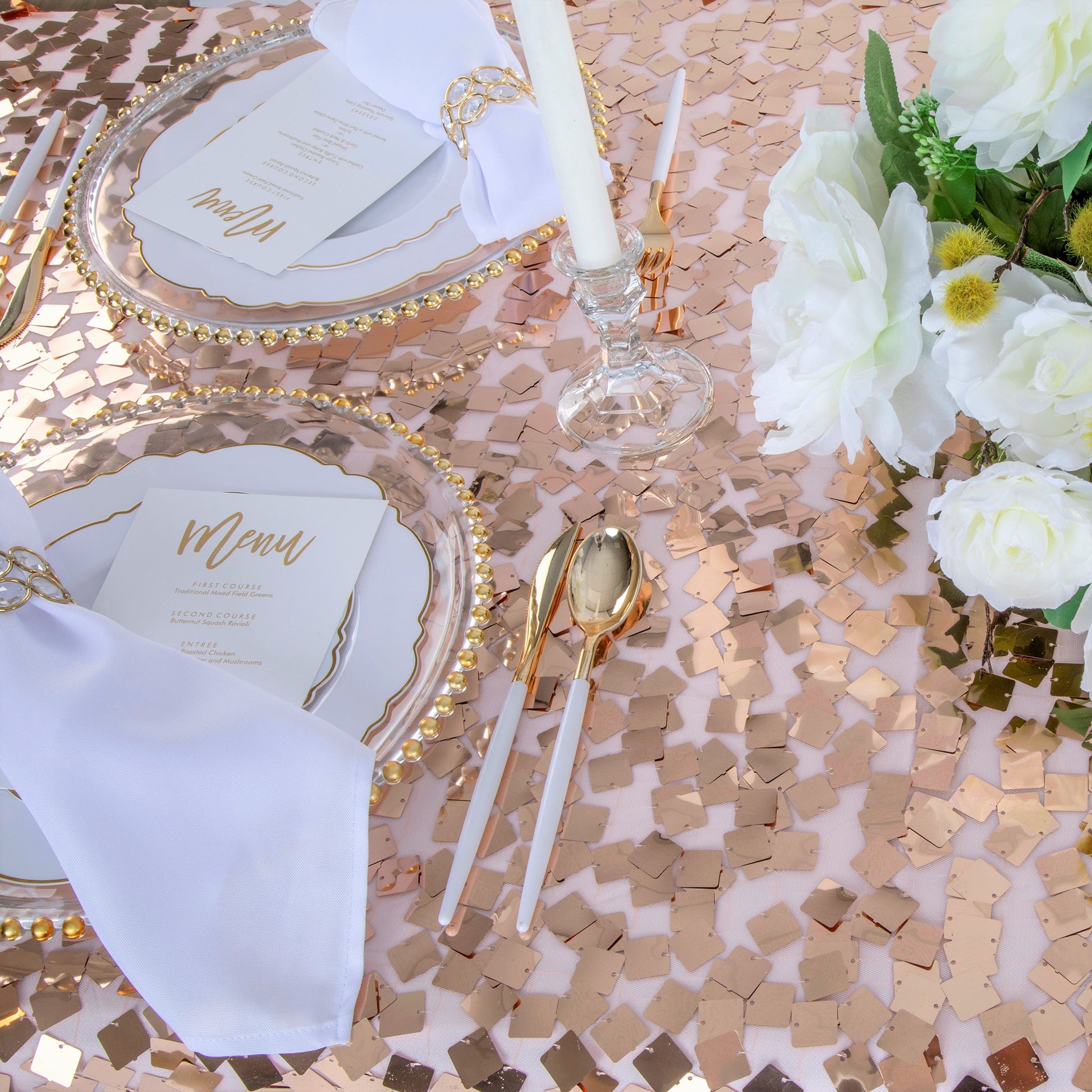 Square Payette Sequin Tablecloth 90"x132" Rectangular - Blush/Rose Gold