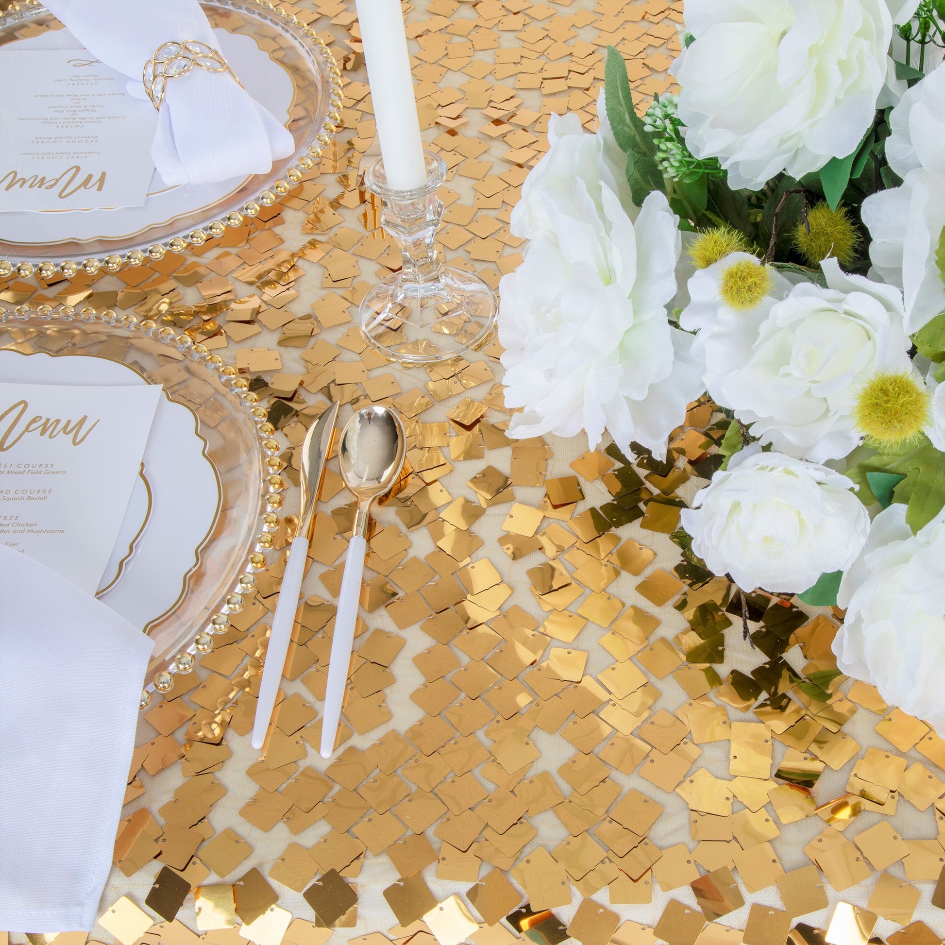 Square Payette Sequin Tablecloth 90"x156" Rectangular - Gold - CV Linens