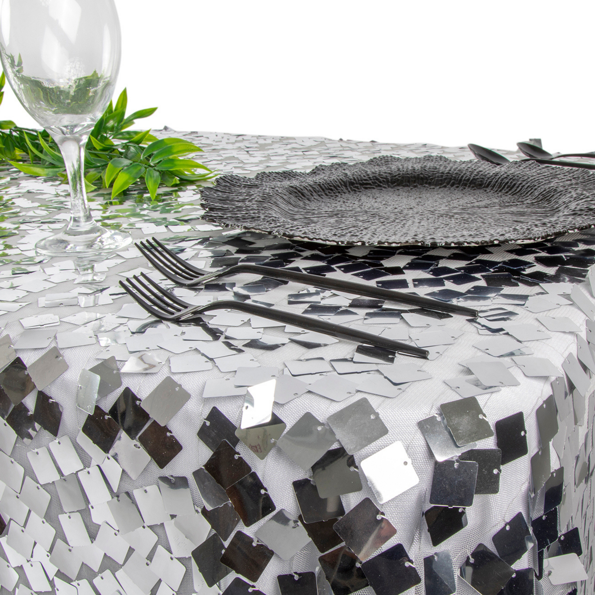 Square Payette Sequin Tablecloth 90"x132" Rectangular - Silver