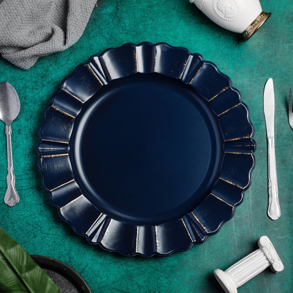 Waved Scalloped Acrylic 13" Charger Plate Navy Blue & Gold CV Linens